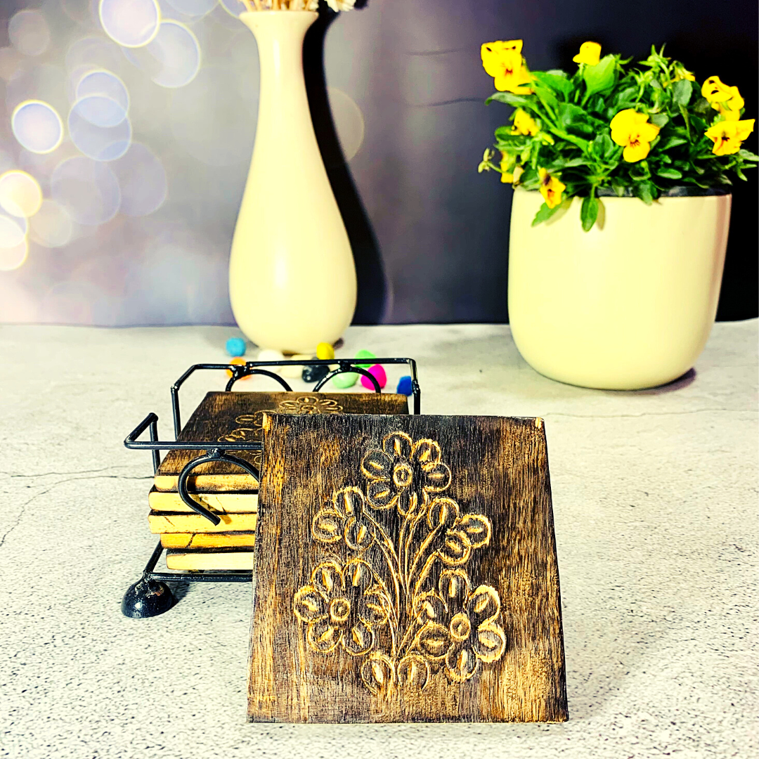 Homefrills Wooden Square Carved Coaster Set for Tea Cups Coffee Mugs Beer Cans Bar Tumblers and Water Glasses with Iron Holder / Stand for Kitchen/Dining Table/Office- Handcarved Coasters - Set of 6